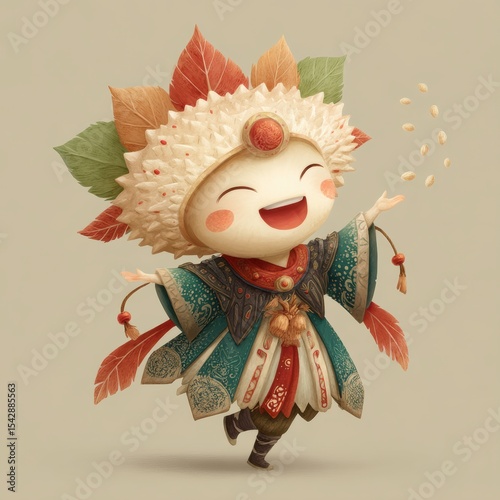 Dancing fly agaric character joyfully tosses seeds in a whimsical celebration of nature's beauty and joy amidst a serene backdrop