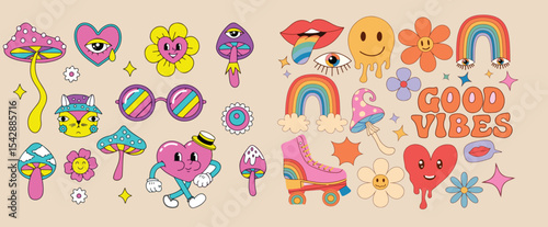 Wallpaper Mural Collection of retro style love, groovy, cute, funky, pop art and hippie doodles stickers element set.
 Torontodigital.ca