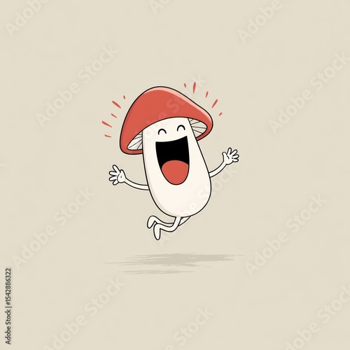 Excited mushroom jumps joyfully in the air, spreading happiness and laughter in a minimalist setting