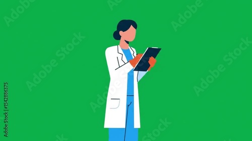 Female Doctor Writing on Clipboard, Cartoon Illustration, Medical Professional on Green Screen