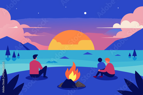 Sunset Bonfire Friends Gathering at Lakeside Campfire under Starry Night