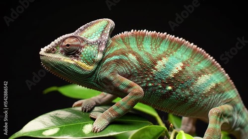 Striped chameleon on leaves with green skin blends against a dark background