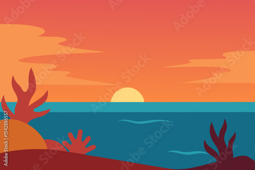 Serene Sunset Ocean Landscape Coral Reef Silhouette at Dusk