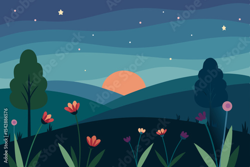 Serene Sunset Landscape Night Sky, Rolling Hills, and Blooming Flowers