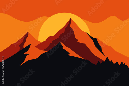 Fiery Sunset Over Majestic Mountains A Stunning Landscape Illustration