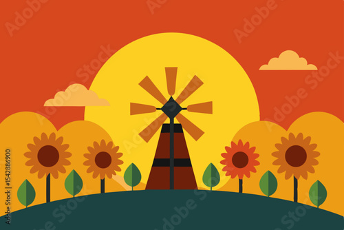 Sunset Landscape Windmill and Sunflowers in a Vibrant Autumn Scene
