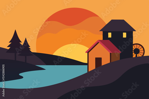 Serene Sunset Landscape Lakeside Mill at Golden Hour