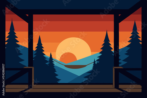 Serene Sunset Mountain View from a Cozy Porch Hammock