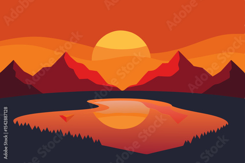 Fiery Sunset over Mountain Lake A Stunning Landscape Illustration