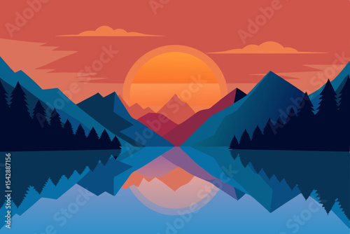 Serene Sunset Landscape Mountain Lake Reflection Illustration