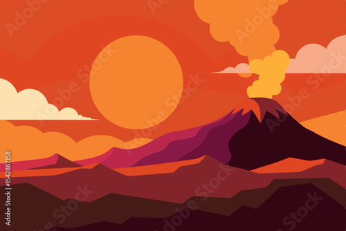 Volcanic Sunset Fiery Landscape Illustration