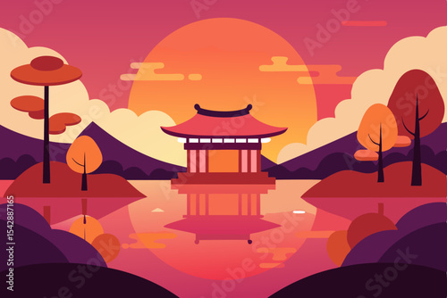 Serene Sunset  Asian Temple Reflection in Calm Waters