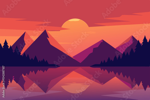 Serene Sunset Mountain Lake Reflection Illustration