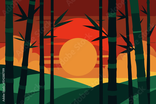 Serene Sunset Bamboo Forest Silhouette at Dusk