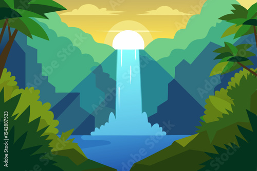 Serene Sunset Waterfall Lush Tropical Paradise Illustration