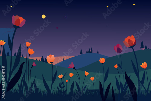 Night Blooming Tulips A Serene Night Landscape Illustration