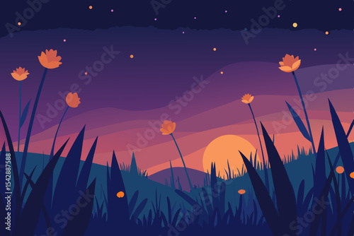 Serene Sunset Meadow Night Blooms and Firefly Magic