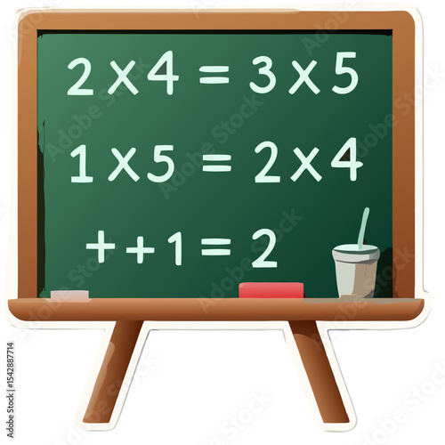 Educational blackboard displaying incorrect math equations and a drink for illustrative purposes