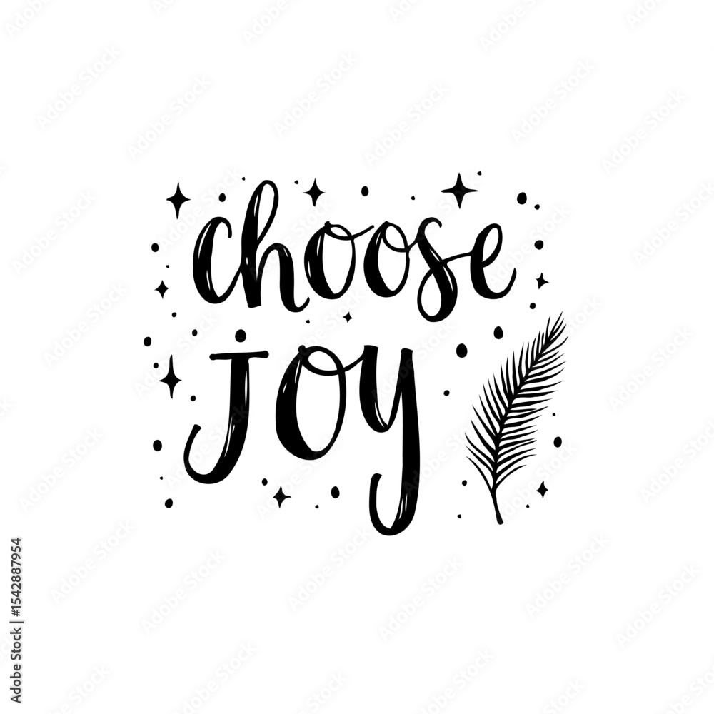 Obraz premium Inspirational Handwritten Typography Design: 'Choose Joy' Surrounded by Stars and Palm Leaf