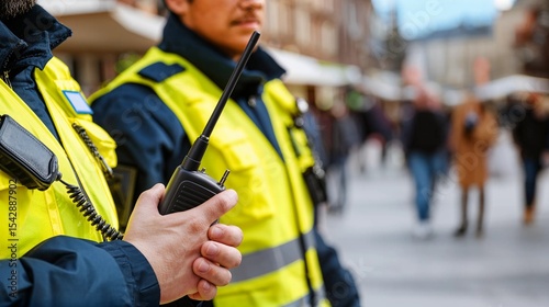 Security guard holding walkie talkie while on patrol in urban street