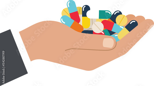 Man's hand holding a large pile of colorful pills and capsules. Healthcare, medicine, and pharmaceutical industry concept for treatment.