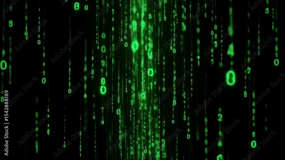 Green falling binary code streams, data and digital information abstract background. Technology concept with numbers.