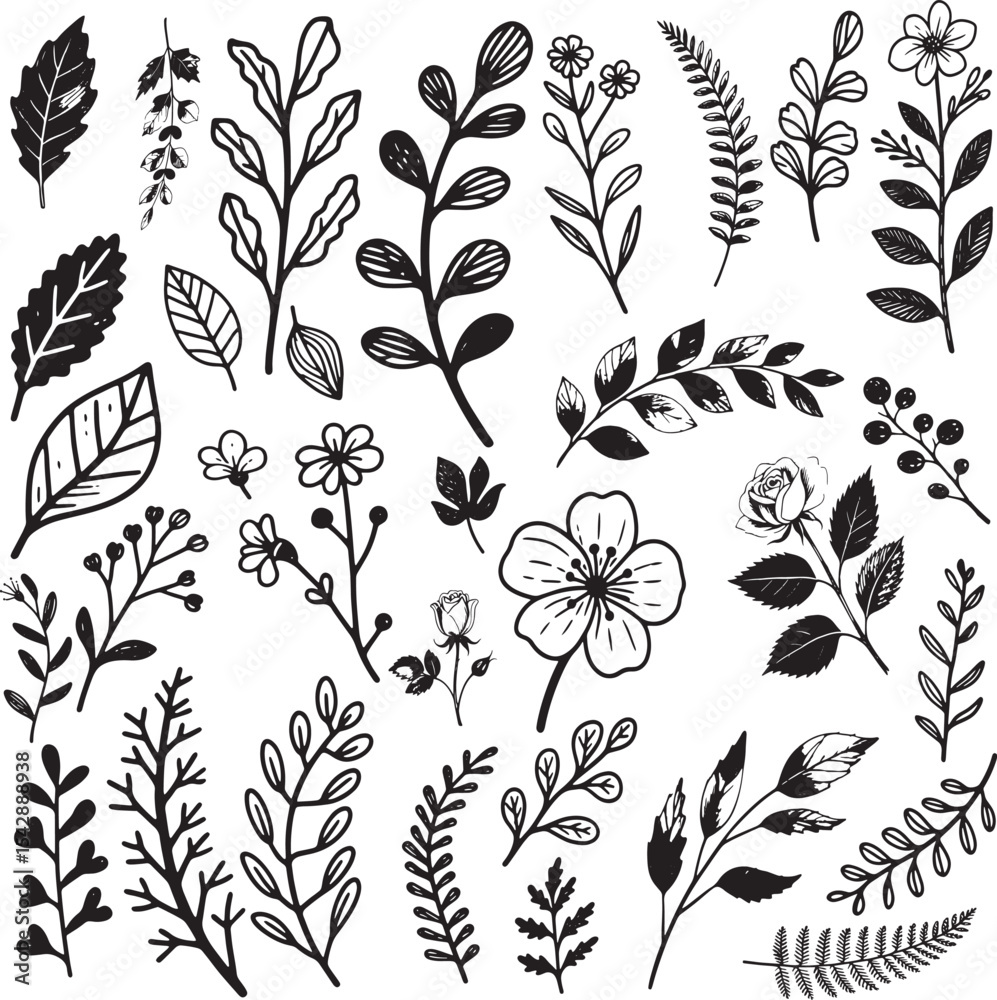 Fototapeta premium Vintage Ink Floral and Leaf Sketch Collection — Hand Drawn Botanical Line Art for Invitations, Packaging, and Branding