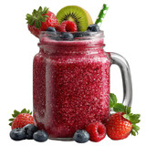 A berry smoothie in a glass jar with fresh fruit on top on transparent background