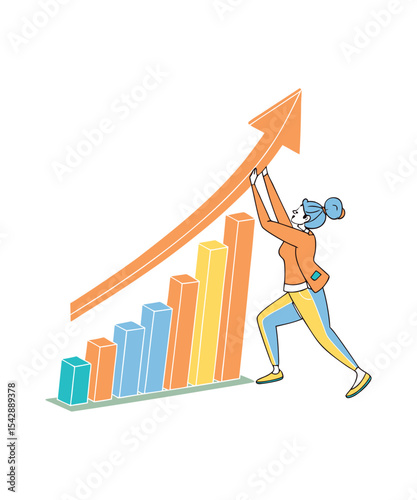 Businessman pushing 3D growth graph with arrow up, symbolizing financial success and market progress