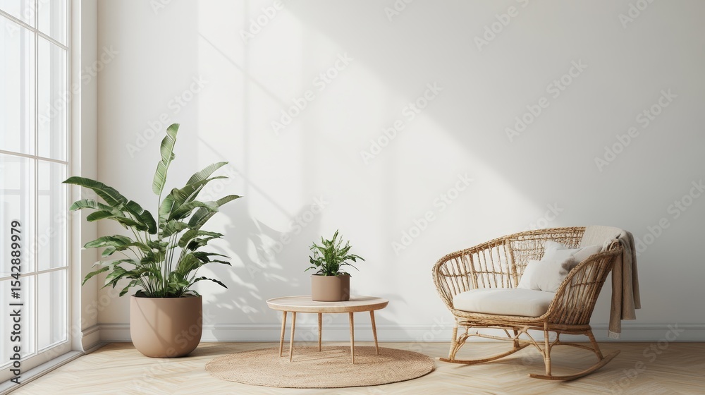 Fototapeta premium Bright Minimalist Interior with Indoor Plants and Rattan Lounge Chair in Sunlit Room