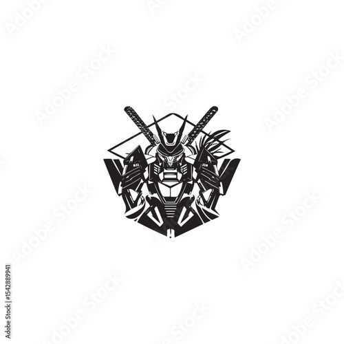 Futuristic robotic samurai with swords isolated on white background illustration