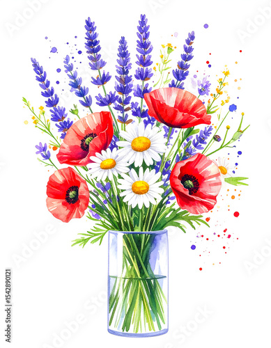Lavender and Red Poppy Floral Arrangement – Watercolor Clipart