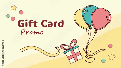 Illustration of a gift card promo with balloons, present box, stars and confetti on yellow background