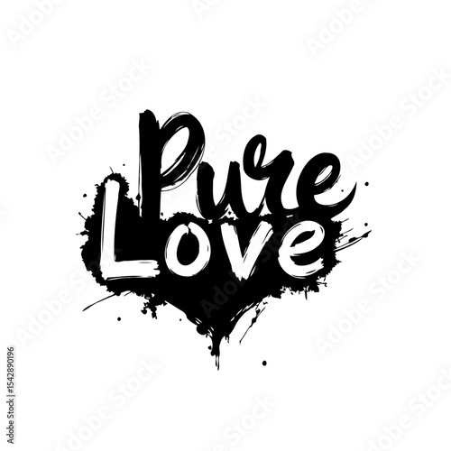 Expressive 'Pure Love' Text Design with Black Ink Splatter for Valentine's Day