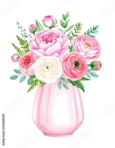 Pink Peonies and Ranunculus in Blush Vase – Romantic Floral Art