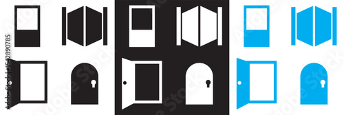 Door icon set. Vector for websites, mobile interfaces, presentations, banner, visual branding etc. Vector illustration. isolated on white and black background. EPS 10