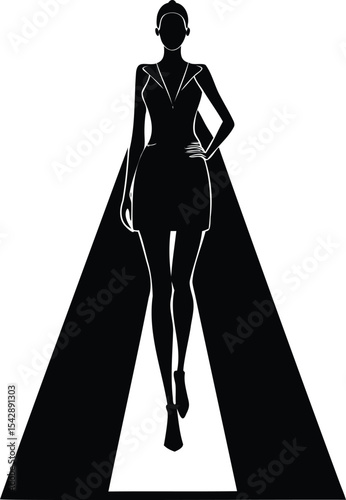 Elegant silhouette of a woman on a fashion runway in monochrome style