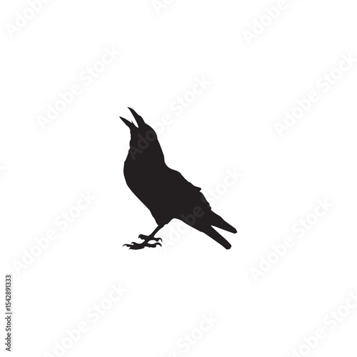 Black silhouette of a crow with its beak open crowing on white background