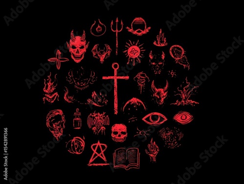 Collection of red occult symbols on black background.