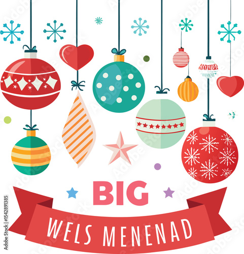Colorful Christmas Ornaments with Welsh Greeting for a Big Merry Christmas