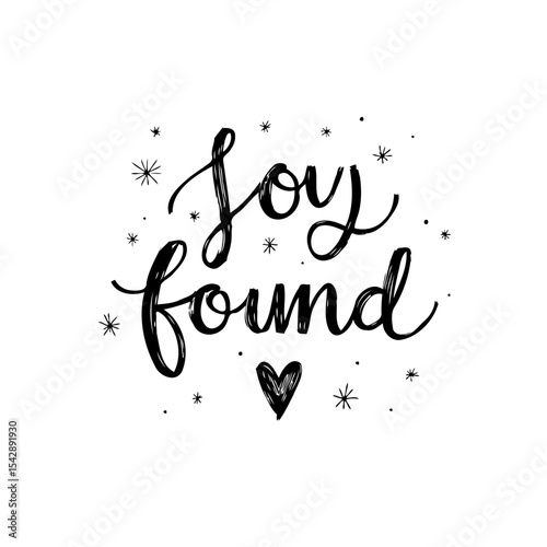 Joy found handwritten lettering design with heart illustration and star ornaments