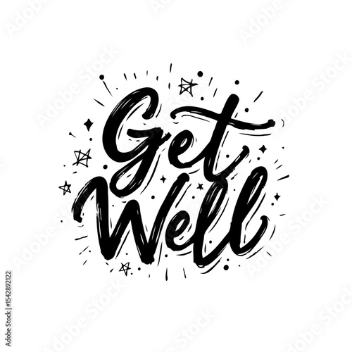 Expressive 'Get Well' Handwritten Typography Design with Stars and Sparkles Elements