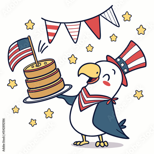 Cute Dreamy Condor, accessorized with balancing a stack of pancakes, in a Independence Day (4th of July) world – Patriotic Spark palette vector