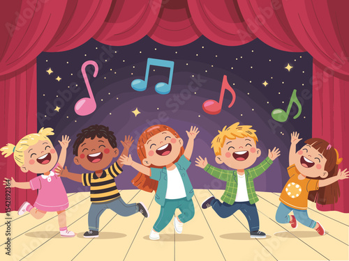 Happy diverse group of children dancing and singing on stage with musical notes and stars, celebrating performance and childhood joy.