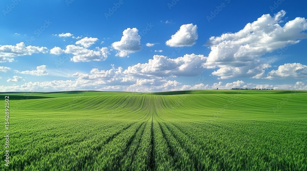 Fototapeta premium The combination of green fields and blue skies evokes a sense of tranquility.