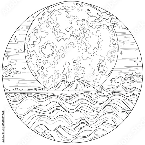 Full moon and ocean. Landscape.Coloring book antistress for children and adults.