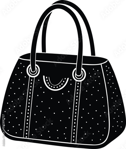 Stylized black and white graphic of a woman's handbag with handles