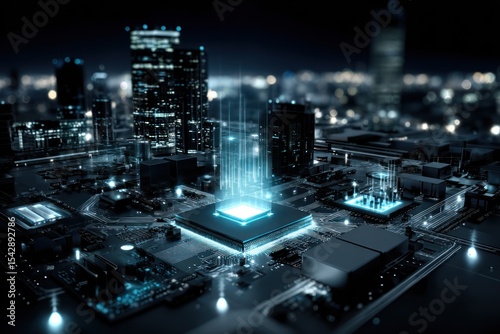 Futuristic city built on a circuit board