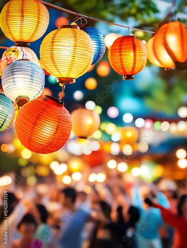 Colorful paper lanterns hanging outdoors at night, festive lights creating a magical atmosphere at a summer festival or garden party