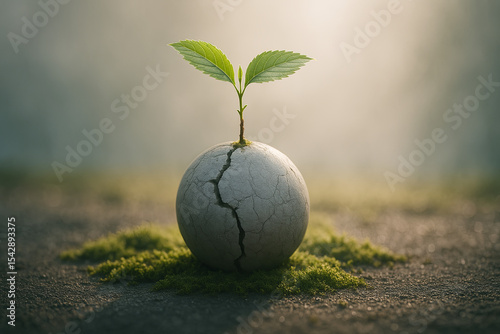 Sapling Emerging from Cracked Concrete Globe with Moss and Misty Backlight